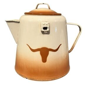 Vintage Texas Longhorn Enamelware Coffee Pot Cowboy Ranch Western Granitware